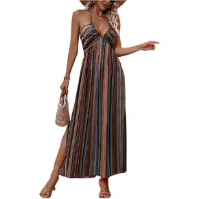 Women's Summer Dress Striped Halter Long Dress Sleeveless Tie Back Ruffle Trim Split Sides Maxi Dresses