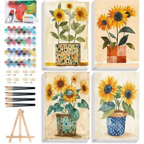 4 Pack Framed Paint by Numbers Kit for Adults with Wooden Easel, Sunflower Easy Paint by Number Kits with Frame, DIY Acrylic Adult Paint by Number Kits on Canvas Framed for Home Decor Gift 8x12 Inch