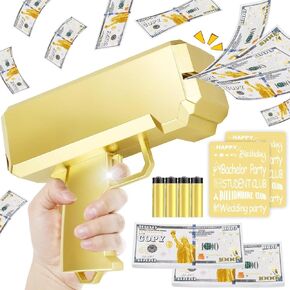 Gold Money Gun Shooter و 201 PCS Props (لا توجد وظيفة حقيقية) و 5 ملصقات على النمط و 4 بطاريات AA ، مسدس المال الذي يطلق الأموال ، وجعلها تمطر الأموال الزنبئ