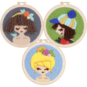 Allazone 3 Set Punch Needle Embroidery Kits, 20cm Girl Pattern, Starter Kit with Tools, Yarn and Hoop