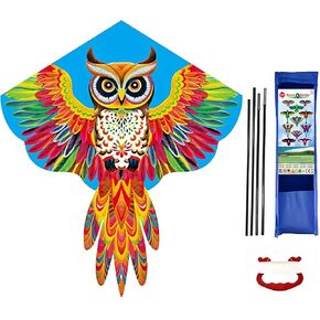 Large Owl Kite, 52x46inch Single Line Colorful Kite with Long Tail Beginner with Winding Handle and 100m Line Outdoor Park Games Activities