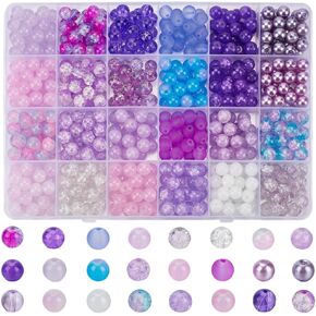 1 Box 600Pcs 24 Colors Purple Glass Beads 8mm Round Crystal Beads Bulk Small Violet Acrylic Pearl Birthday Frosted Loose Crackle Beads for Jewelry Making Bracelet Earring Crafts Supplies