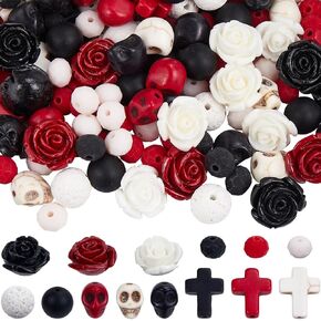 Sunnyclue 1 Box 227pcs Halloween Jits Kit Skull Beads Rose Flower Beads Lava Rock Turquoise Bead Stone Cross Bead Red Black White Gemstone Beads for Jewelry Making Kits Come Diy Supplies