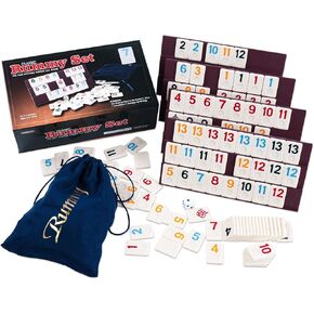 مجموعة لعبة Rummy Cube مع 4 رفوف بلاستيكية و 106 بلاط الميلامين ، علبة ملونة مع 4 حاملي من البلاط