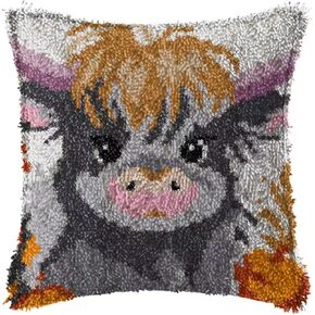 GLAECYY Latch Hook Kits DIY Thorw Pillow Cover Crochet Yarn Kit with Pre-Printed Cow Pattern Handmade Rug Needlework DIY Pillowcase Latch Hook Kit Christmas Home Decor 17''X17''