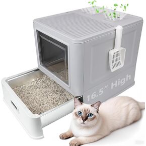 Enclosed Stainless Steel Cat Litter Boxes,Large Foldable Litter Box with Lid,Hooded Covered Stainless Steel Cat Litter Box,Easy Cleaning,No Urine Leakage,Deeper Pan,with Litter Mat