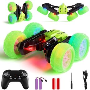 Remote Control Car for Boys Girls 3-12, Birthday Toy for Kids Age 4 5 6 7 8, 360° Flips Double-Side RC Stunt Cars with Headlight Wheel Light (Green)