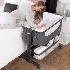 KoolerThings Baby Bassinet, Bedside Sleeper for Baby, Easy Folding Portable Crib with Storage Basket for Newborn, Bedside Bassinet, Comfy Mattress/Travel Bag Included (White and Gold)