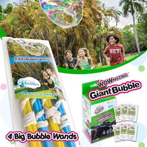 4 Big Bubble Wands & Wowmazing Giant Bubble Powder Mix-6 Packets Makes 6 Gallons | يتحول منظف الأطباق إلى فقاعات كبيرة | غير سامة آمنة وطبيعية | أعياد الميلاد ، المرح العائلي في الهواء الطلق للفتيات والفتيان