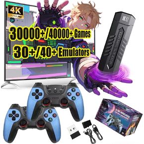 X2 Blue Retro Game Stick - وحدة التحكم في ألعاب الفيديو الرجعية 4K 58000/40000/30000+ ألعاب ، 50/40/30/30+ محاكيات ، مخرجات HDMI ، مع 2 وحدات تحكم لاسلكية ، سدادة ، منزل ، تلفزيون/كمبيوتر ، هدية للرجال زوج (128G)