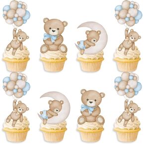 48pcs Teddy Bear Cucpcake Toppers استحمام الطفل دب الدب ديكورات كعكة صغيرة صغيرة كب كيك لوازم عيد ميلاد الطفل الدب (الأزرق)