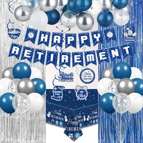 54PCS Blue Silver Retirement Decorations - Banner, Balloons, Swirls Tablecover, Fringe Curtain for Party Decoration Supplies
