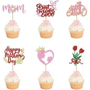 24pcs Mother's Day Cupcake Toppers,Pink Mother's Day Cake Decoration,Happy Women's Day Theme Women Birthday Party Cake Decorations Supplies