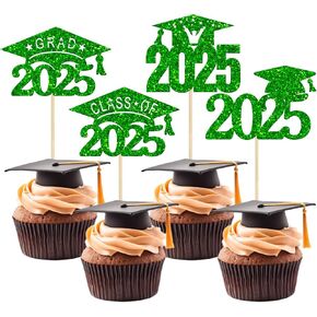 24 Pack Black Glitter 2025 Capcake Cupcake Toppers Class of 2025 Grad Cap Cupcake تختار لعام 2025 لوازمة كعكة التخرج