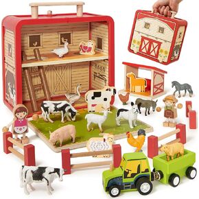Toyssa Wooden Barn Farm Animals Toys للأطفال الصغار 3-6 مع صندوق التخزين والجرار المغناطيسي ، ألعاب التعلم التعليمية في مرحلة ما قبل المدرسة Montessori ، هدية عيد ميلاد عيد الميلاد للبنين فتيات الأطفال 2 3 4 5 6