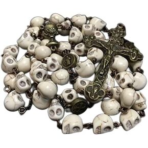 elegantmedical HANDMADE Catholic XL 10MM howlite skull beads Antiqued Rosary Bead Cross Bronze crucifix Necklace Catholic GIFTS