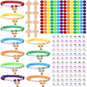 32 مجموعة يسوع أحبني إيمان مجموعة حرفة حريصة صنع حبات سوار ديني لـ VBS Week Sunday School Bible Hompts Wooden Cross Craft Kit