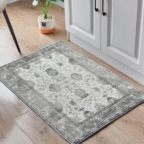 Vintage Area Rug 3x5 Feet Light Grey/Multi Thin Entryway Mat for Kitchen Indoor Machine Washable Foldable Doormat Distressed Vintage Boho Rug