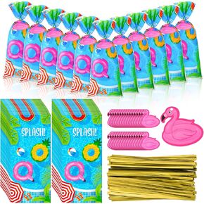 Gueevin 150 Set Summer Pool Party Favors Bags Goodie Cellophane Treat Candy Gift Bags Bulk Summer Beach Swimming Pool Party Decorations with Twist Ties Cards for Luau Tropical Beach Favors Supplies