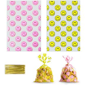 Eunoir 100pcs الوجوه الأحمر الأصفر المطبوعة 5 "× 9" أكياس السيلوفان مع تويست روابط - مثالية لأكياس الحلوى الجيدة وحفلات الحفلات.