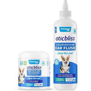 Vetnique Labs oticbliss chlorhexidine الأذن تدفق و Oticbliss Advanced Cleaning Ear Products منتجات العناية بالأذن للكلاب والقطط ، وتطهير الأذن ومناديل الأذن تجفيف للأذنين الحكة