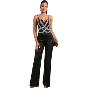 Women Sexy Sparkly Rhinestone Bodycon Jumpsuit Wide Leg Mesh See Through Party Club Bodysuits