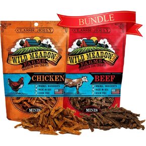 Wild Meadow Farms Classic Chicken & Beef Minis Treact Training Training Trace for Dogs-خالية من الحبوب تمامًا للتدريب ، ومكافآت عالية القيمة في أكياس مريحة 3.5 أوقية مريحة