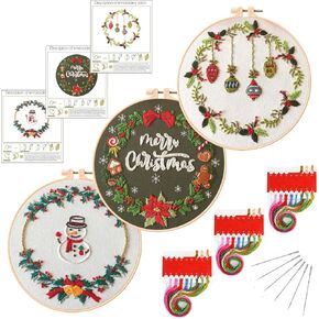Feltsky 3 Pack Embroidery Starter Kits for Mother's Day - 1 ABS Hoop, 3 Printed Cloth, 3 Threads, 6 Needles, 3 English Instruction