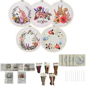 GOGLAM Embroidery Kit for Beginners, 5 Set Embroidery Starter Kit Flowers for Adults, DIY Punch Needle Kit with Flower Wreath Animal Pattern, Hoop, Needle, Hand Embroidery Kit