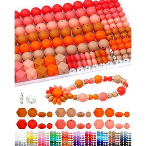 172PCS FIVEIZERO Silicone Beads for Keychain Making, 6 Mixed Colors Silicone Focal Beads Kit, 9mm & 15mm Round Lentil Hexagon Beads & Rhinestone Spacer Beads for Jewelry Making & Bracelets (Brown)