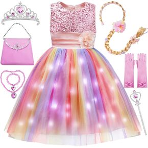 Little Girls Dress Sequin Pink Rainbow Dress Flower Girl Dress Easter Dress Light up Princess Dresses for Toddler Girls Kids Costume for Brithday Wedding Party