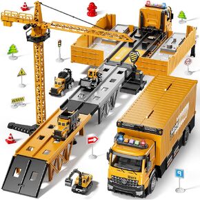 Carrier Truck Race Track Boy Toddlers Toys, Car Truck Toys for Toddlers 3-5 5-7, Toy Truck Transport Car Truck with Tower Crane Light Sound, Truck Car Toys Gifts for Age 3 4 5 6 7 Years Old Boys Girls