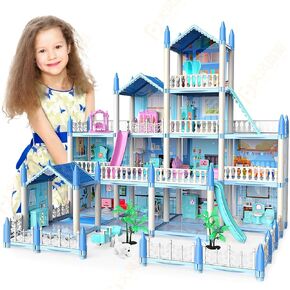 Dream Doll House, Doll House for Girls, 4 Story 11 Rooms Dollhouse with 4 Dolls, Dollhouse Furniture Accessories with Light, Toddler Playhouse Gift for 3 4 5 6 7 8 9 10 Year Old Girls Toys, Pink