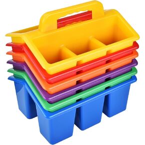 ALINK Classroom Caddy Storage Basket with Handle, 6 Pack Plastic Arts Office Crafts Caddy 4 Compartments for Kids, Pencil, Crayon, Marker, School Supplies, 6 Colors