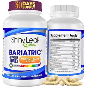 Shiny Leaf Bariatric Multivitamin Iron-Free Capsules for Post Bariatric Surgery Patients, Once Daily Bariatric Vitamins Without Iron for WLS, Sleeve, Gastric Bypass Surgery (1 Month / 30 Caps)