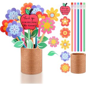 50 Pcs Thank You for Helping Me Grow Gifts Teacher Appreciation Gifts DIY Craft Kit Make Your Own Flower Bouquet Thank You Cards Pencil and Brush Pot for Teacher Mother's Day