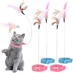 Popetpop 4 PCS Cat Twhible مع أجراس ، لعبة طوق الريشة القط ، لعبة ريشة تفاعلية ، ألعاب هريرة للعب للقطط الداخلية (الوردي/الأزرق)