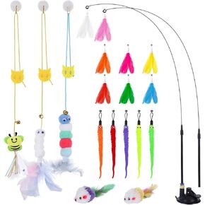 مجموعة ألعاب WAND Cat 18pcs ، لعبة القط التفاعلي للعب القطط الداخلية ذات الذات ، وألعاب عصا قطة الباب معلقة مع كأس الشفط القابل للإزالة ، فأر دودة للقطط الداخلية للقطط.