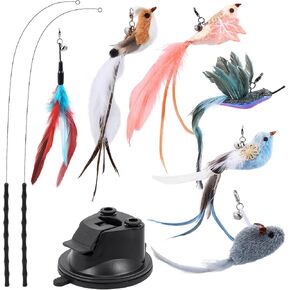 Interactive Bird Simulation Cat Toy Set, Self-Holding Suction Base, Cat Feather Toys with 2 Teaser Poles, 4 Replacement Birds, 1 Feather, 1 Mouse