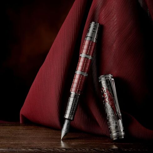 Hongdian D5 QIN Dynasty Fountain Pen Red Silver ، Extra Nib Piston PEN PEN ، Retro Chinese Totem Engraving Preste Writing Pen مع مجموعة قلم مربع in Saudi Arabia