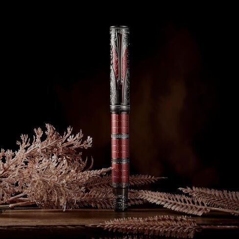 Hongdian D5 QIN Dynasty Fountain Pen Red Silver ، Extra Nib Piston PEN PEN ، Retro Chinese Totem Engraving Preste Writing Pen مع مجموعة قلم مربع in Saudi Arabia