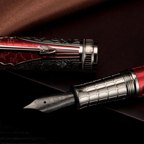 Hongdian D5 QIN Dynasty Fountain Pen Red Silver ، Extra Nib Piston PEN PEN ، Retro Chinese Totem Engraving Preste Writing Pen مع مجموعة قلم مربع in Saudi Arabia