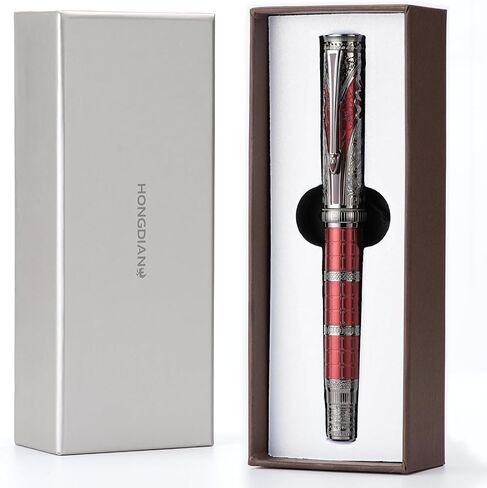 Hongdian D5 QIN Dynasty Fountain Pen Red Silver ، Extra Nib Piston PEN PEN ، Retro Chinese Totem Engraving Preste Writing Pen مع مجموعة قلم مربع in Saudi Arabia