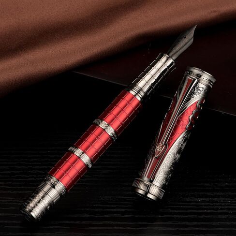 Hongdian D5 QIN Dynasty Fountain Pen Red Silver ، Extra Nib Piston PEN PEN ، Retro Chinese Totem Engraving Preste Writing Pen مع مجموعة قلم مربع in Saudi Arabia