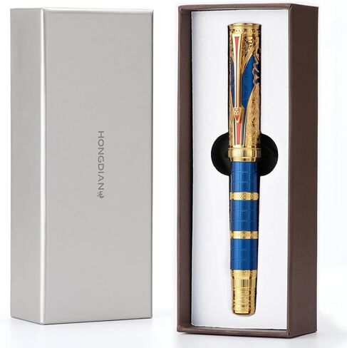 Hongdian D5 QIN Dynasty Fountain Pen Red Silver ، Extra Nib Piston PEN PEN ، Retro Chinese Totem Engraving Preste Writing Pen مع مجموعة قلم مربع in Kuwait