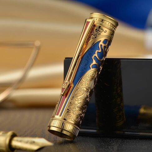 Hongdian D5 QIN Dynasty Fountain Pen Red Silver ، Extra Nib Piston PEN PEN ، Retro Chinese Totem Engraving Preste Writing Pen مع مجموعة قلم مربع in Kuwait