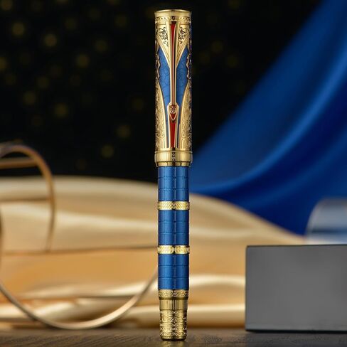 Hongdian D5 QIN Dynasty Fountain Pen Red Silver ، Extra Nib Piston PEN PEN ، Retro Chinese Totem Engraving Preste Writing Pen مع مجموعة قلم مربع in Kuwait