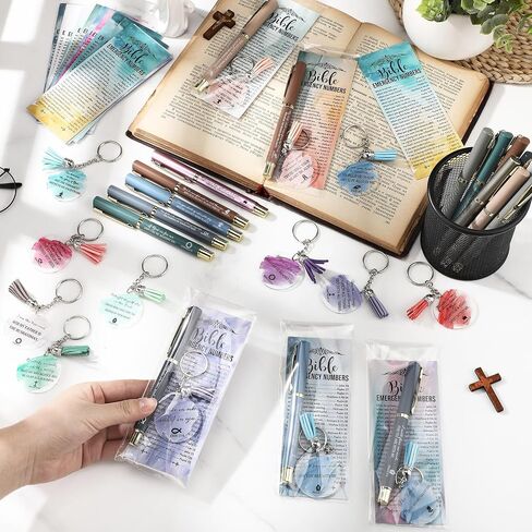 25 Sets Mother's Day Christian Gift for Women Bible Emergency Numbers Bookmarks Bulk Christian Scripture Bookmarks Bible Verse Pens Religious Keychain for Sunday School Church(Gel Pens) in Saudi Arabia