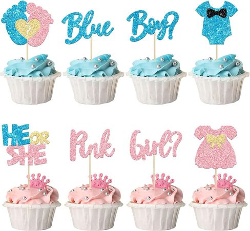24Pcs Boy or Girl Cupcake Toppers Glitter Feet Onesie Dress Gender Reveal Cupcake Picks Pink or Blue Cake Decorations for Baby Shower Gender Reveal Kids Birthday Party Supplies in Kuwait