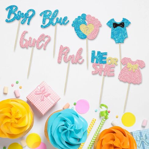 24Pcs Boy or Girl Cupcake Toppers Glitter Feet Onesie Dress Gender Reveal Cupcake Picks Pink or Blue Cake Decorations for Baby Shower Gender Reveal Kids Birthday Party Supplies in Kuwait